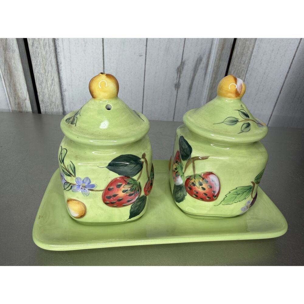 Claire Murray Fruit & Berries Salt & Pepper Shakers & Tray Whimsy